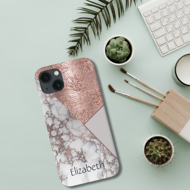 Monogram Rose Gold Marble White Grey Geometric Case-Mate iPhone Case (Monogrammed Personalized Rose Gold Glitter Marble Geometric Abstract iPhone case )