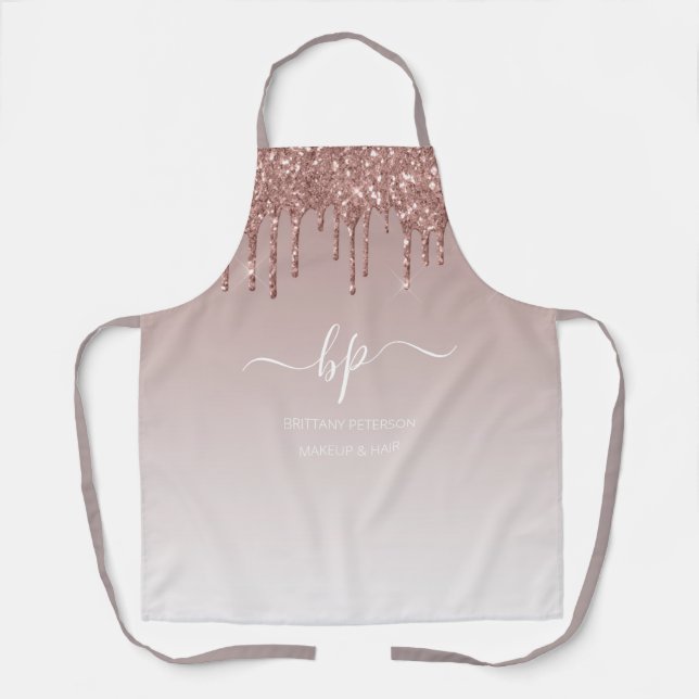 Monogram Rose Gold Metallic Glitter Professional Apron (Front)