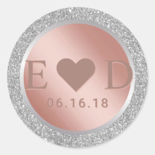Monogram Rose Gold Modern Silver Glitter Wedding Classic Round Sticker