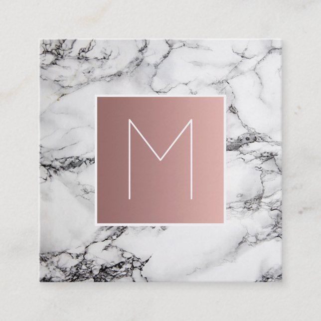 monogram rose gold on black and white marble square business card (Front)