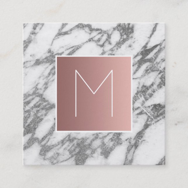 monogram rose gold on grey marble square business card (Front)