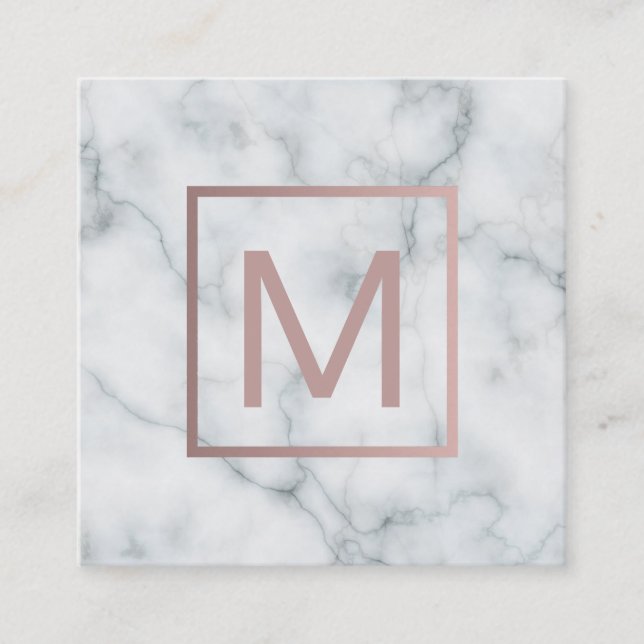 monogram rose gold on white marble square business card (Front)