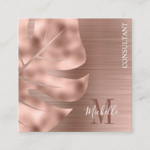 Monogram Rose Gold Palm Leaf Brushed Metal Square Business Card