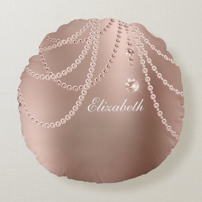 Monogram Rose Gold Pearls Diamonds Bling Glam  Round Cushion (Front)