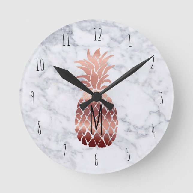 monogram rose gold pineapple round clock (Front)