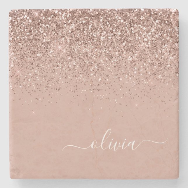 Monogram Rose Gold Pink Black Glitter Script Stone Coaster (Front)