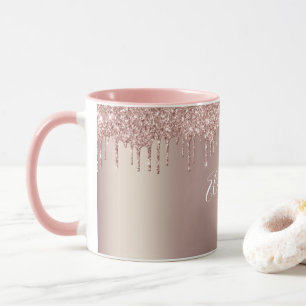 Monogram Rose Gold Pink Dripping Glitter Coffee  Mug