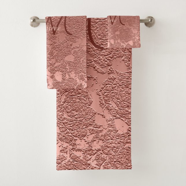 Monogram Rose Gold Pink Floral Modern Classy Bath Towel Set (Insitu)