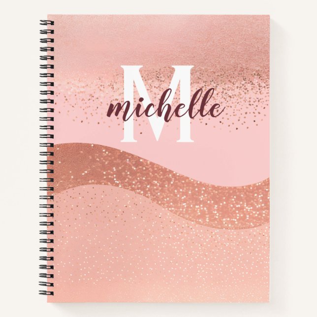 monogram rose gold pink glitter notebook (Front)