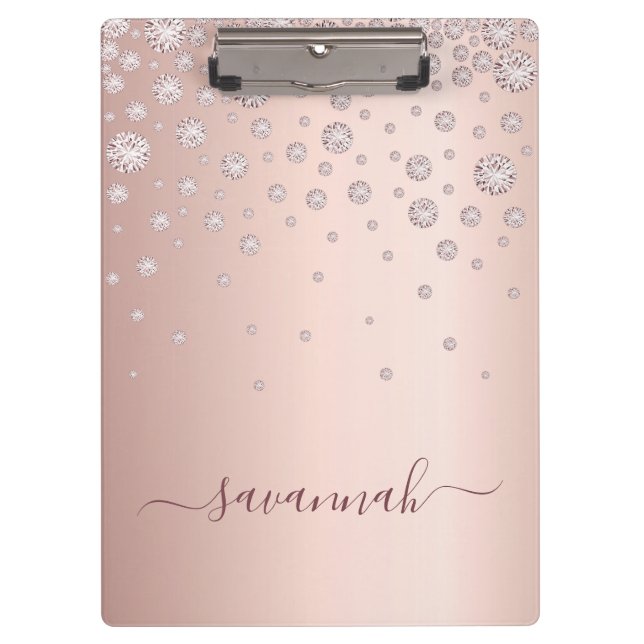 Monogram rose gold pink modern script diamonds clipboard (Front)