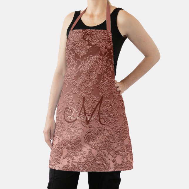 Monogram Rose Gold Pink Trendy Girly Floral Apron (Insitu)