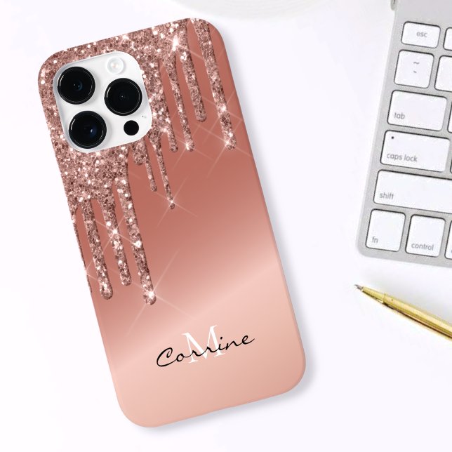 Monogram Rose Gold Side Dripping Glitter Android + Case-Mate iPhone Case (Creator Uploaded)