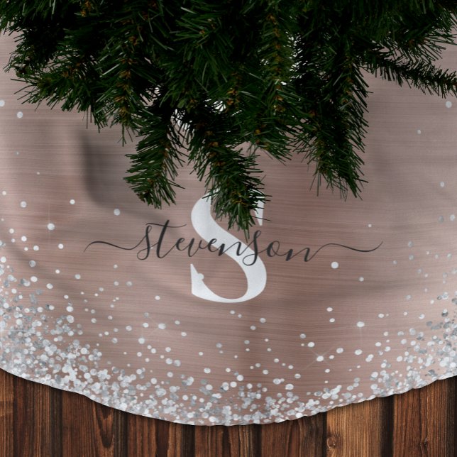 Monogram Rose Gold Silver Glitter Glam Brushed Polyester Tree Skirt (Monogram Rose Gold Silver Glitter Glam Brushed Brushed Polyester Tree Skirt)