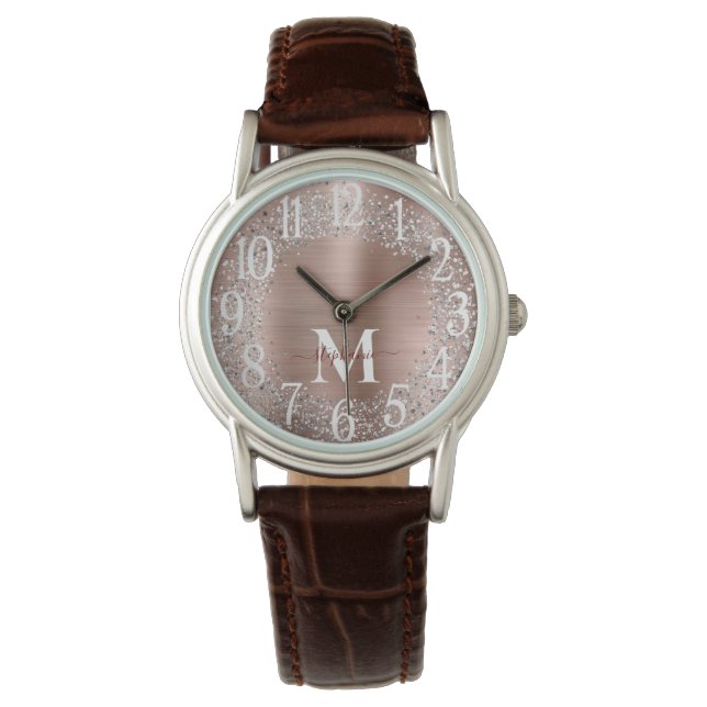 Monogram Rose Gold Silver Glitter Glam Watch (Front)