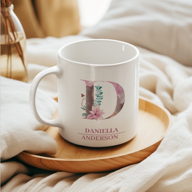 Monogram Rose Gold Watercolor Flower Letter D Coffee Mug (Creator Uploaded)