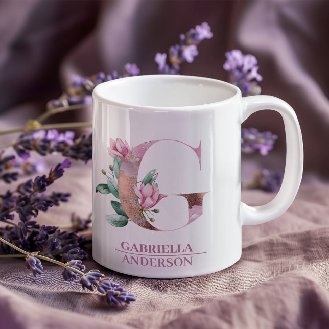 Monogram Rose Gold Watercolor Flower Letter G Coffee Mug (Creator Uploaded)