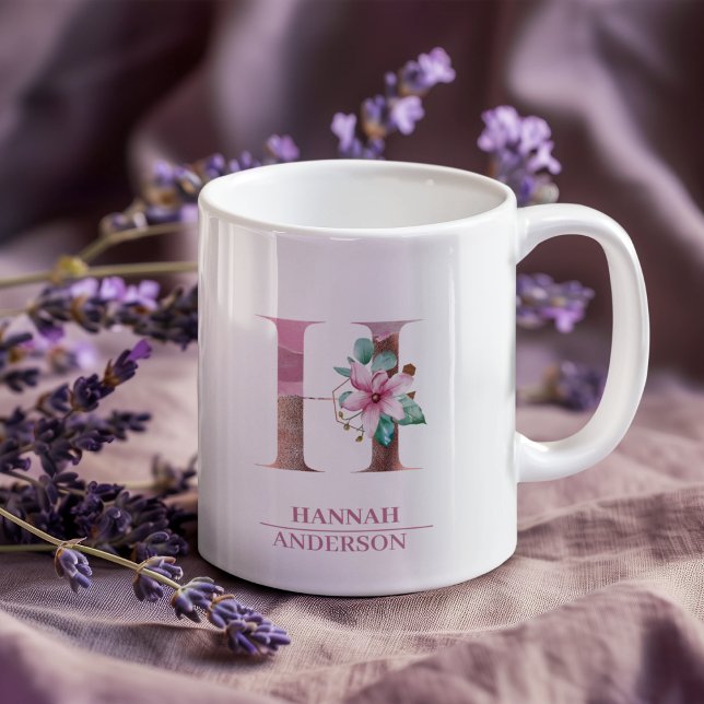 Monogram Rose Gold Watercolor Flower Letter H Coffee Mug (Creator Uploaded)