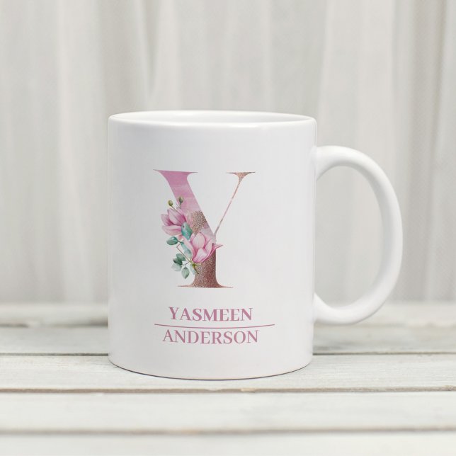 Monogram Rose Gold Watercolor Flower Letter Y Coffee Mug (Creator Uploaded)