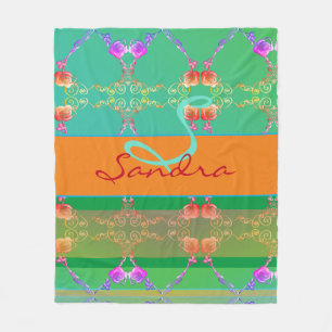 Monogram Rose Heart Apricot teal and Moss Fleece Blanket