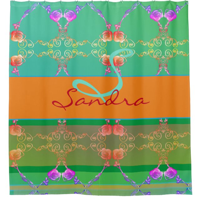 Monogram Rose Heart Apricot teal and Moss  Shower Curtain (Front)