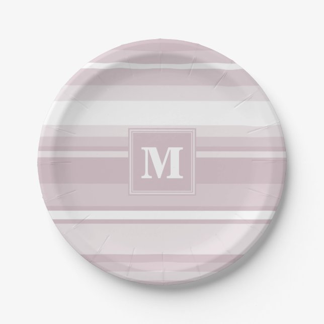 Monogram rose quartz stripes paper plate (Front)