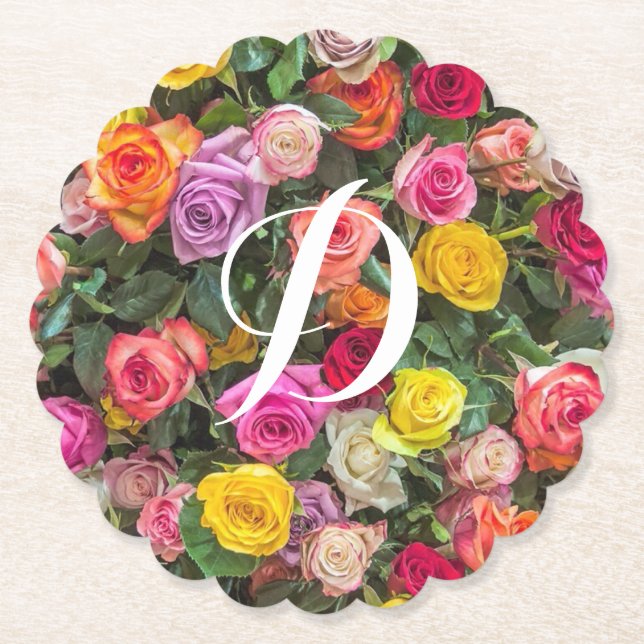 Monogram Rose Wedding Favour Paper Coaster (Front)