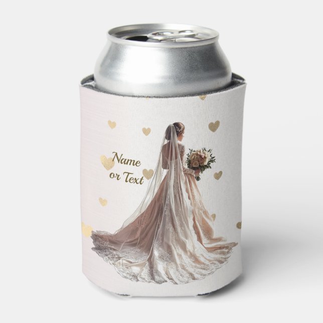 Monogram Rose Winter Wedding Bride Golden Hearts Can Cooler (Can Front)