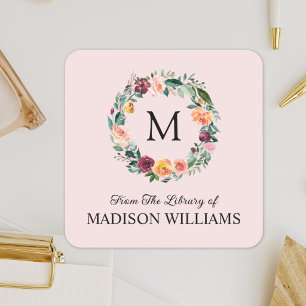 Monogram Rose Wreath From The Library of Bookplate Square Sticker