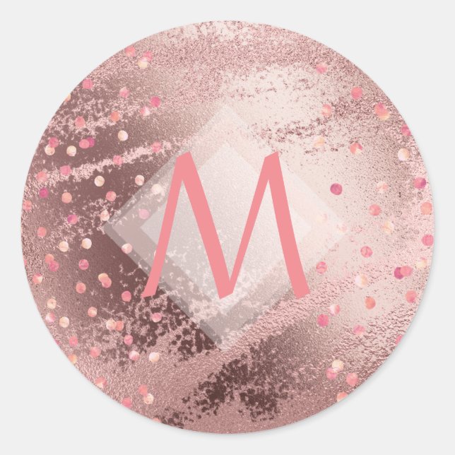 Monogram ROSEGOLD Metallic Foil Confetti Look Classic Round Sticker (Front)