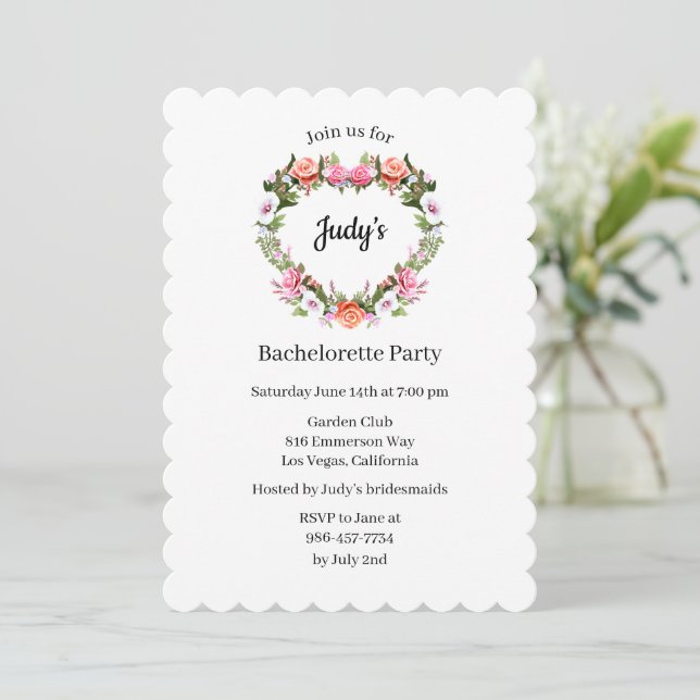 Monogram Roses Floral Heart Bachelorette Party Invitation (Standing Front)