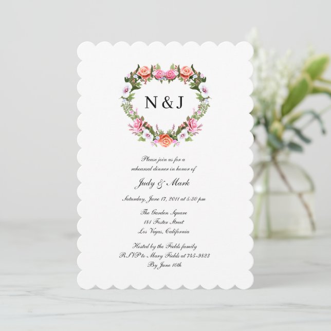 Monogram  Roses Floral Heart Rehearsal Dinner Invitation (Standing Front)
