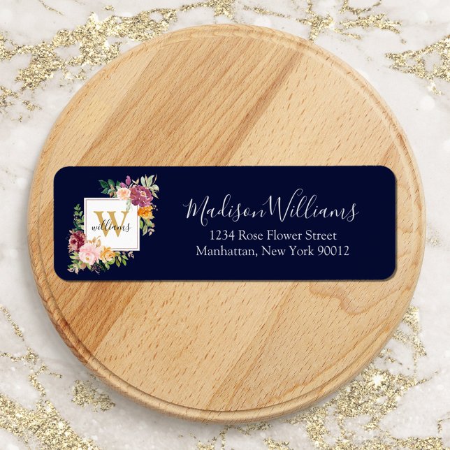 Monogram Roses Gold Flower Floral Return Address (In situ)