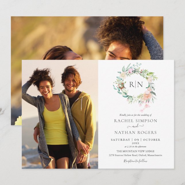 Monogram Roses Greenery Floral 2 Photo Wedding Invitation (Front/Back)