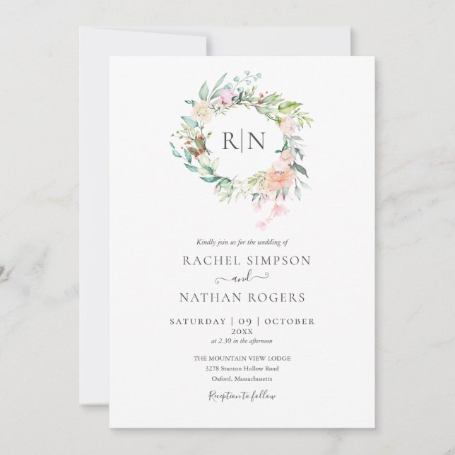 Monogram Roses Greenery Floral Wedding Invitation (Front)