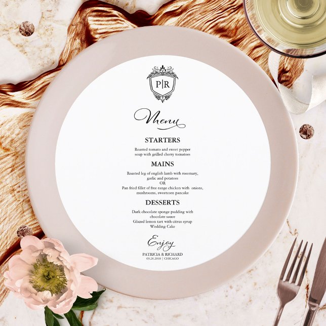 Monogram Round Wedding Menu Cards Black And White  (Creator Uploaded)