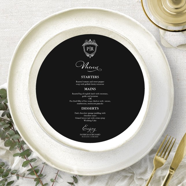 Monogram Round Wedding Menu Cards Black And White  (Creator Uploaded)