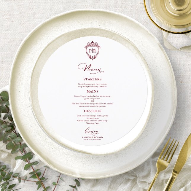 Monogram Round Wedding Menu Cards Burgundy (Creator Uploaded)