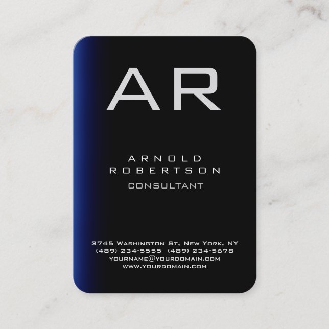 Monogram Rounded Corner Blue Black Business Card (Front)