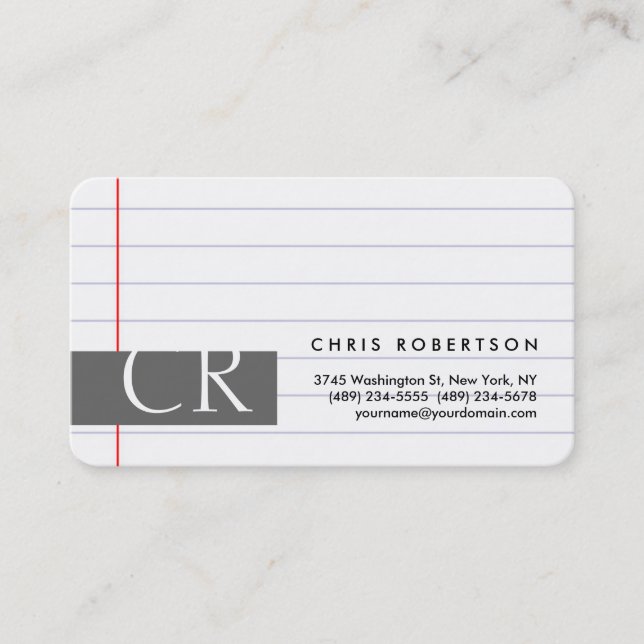 Monogram Rounded Corner Lined Paper Business Card (Front)