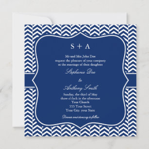 Monogram Royal Blue Chevron Pattern Wedding Invitation
