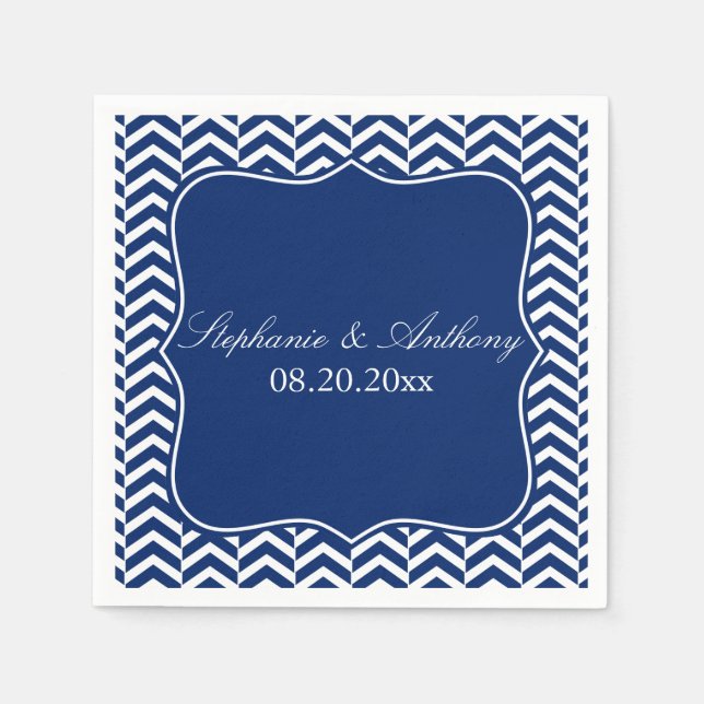 Monogram Royal Blue Chevron Pattern Wedding Napkin (Front)