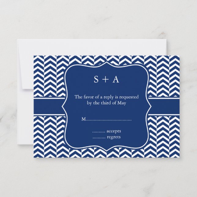 Monogram Royal Blue Chevron Pattern Wedding RSVP (Front)