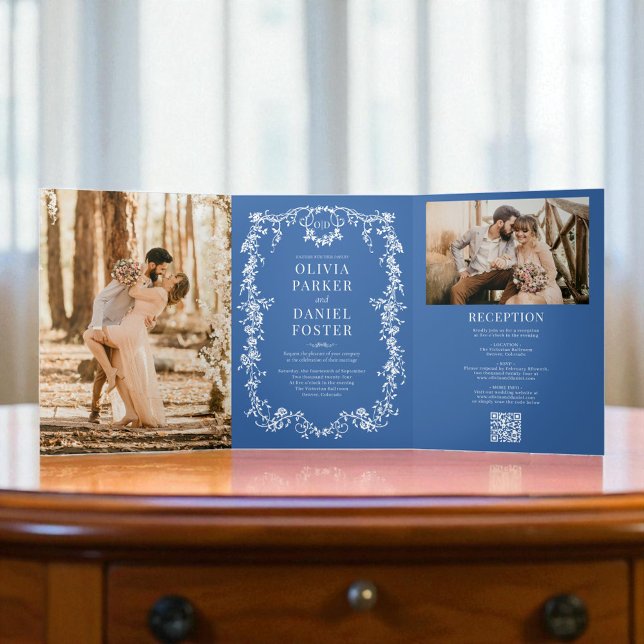 Monogram Royal Blue French Victorian Photo Wedding Tri-Fold Invitation (Creator Uploaded)