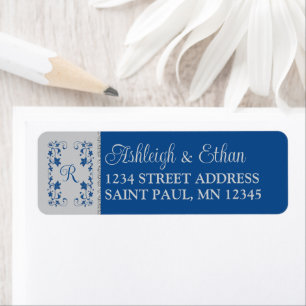 Monogram Royal Blue, Gray Floral Wedding Address