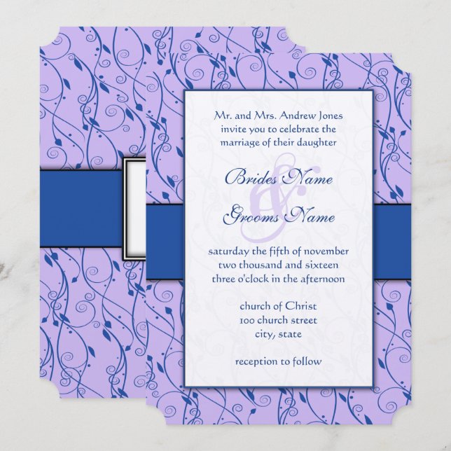 Monogram Royal Blue Lilac Swirl Wedding Invitation (Front/Back)