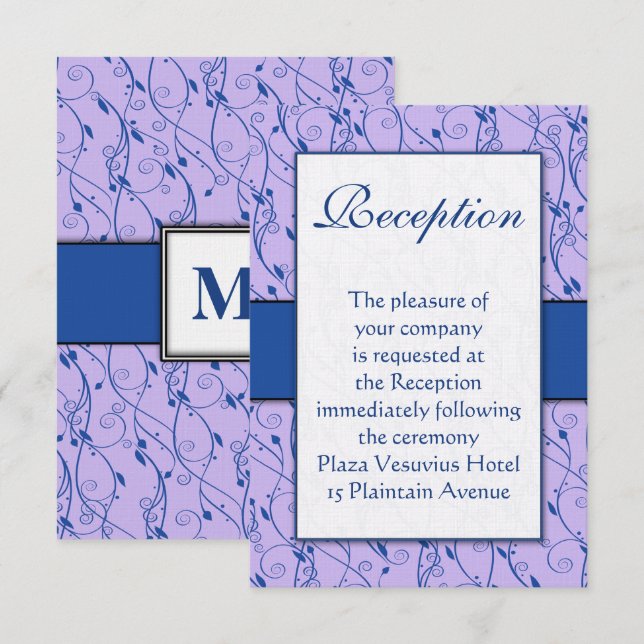 Monogram Royal Blue Lilac Swirl Wedding Invitation (Front/Back)