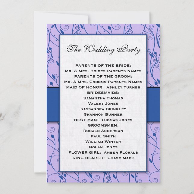 Monogram Royal Blue Lilac Swirl Wedding Program Invitation (Back)
