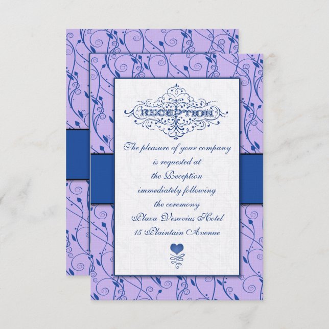 Monogram Royal Blue Lilac Swirl Wedding Reception Invitation (Front/Back)
