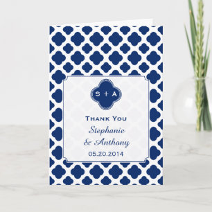 Monogram Royal Blue Quatrefoil  Wedding Thank You Card