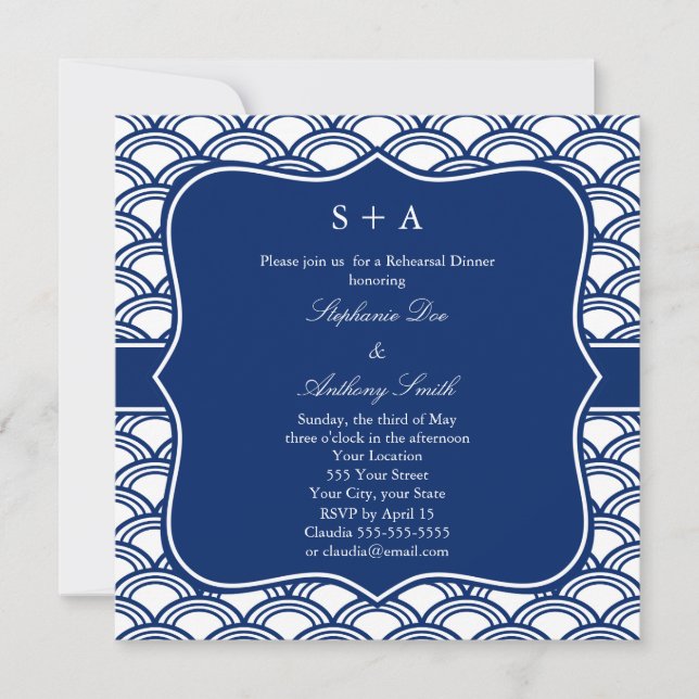 Monogram Royal Blue Seigaiha Pattern Rehearsal Invitation (Front)